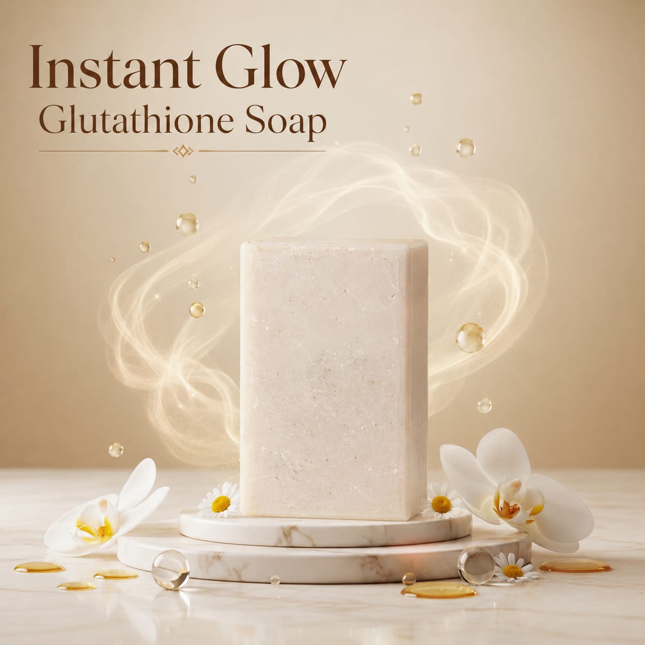 Instant Glow Royal Glutathione Soap – White Bar on Marble Stand with Flowers