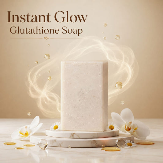 Instant Glow Royal Glutathione Soap – White Bar on Marble Stand with Flowers