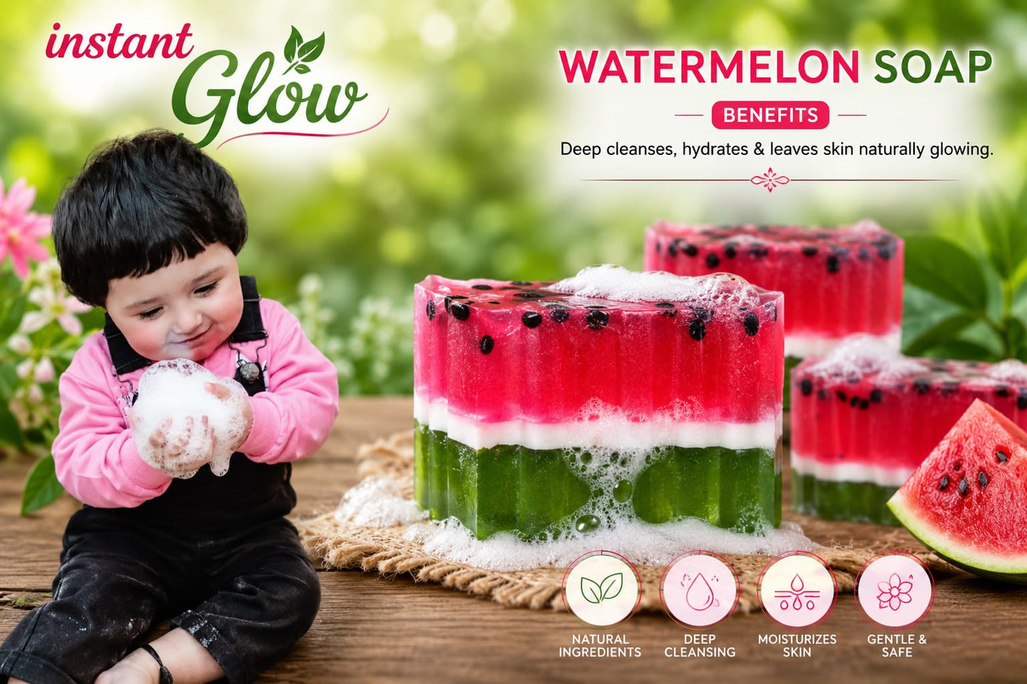 Instant Glow Watermelon Soap – Real Watermelon Soap Bars on Wood