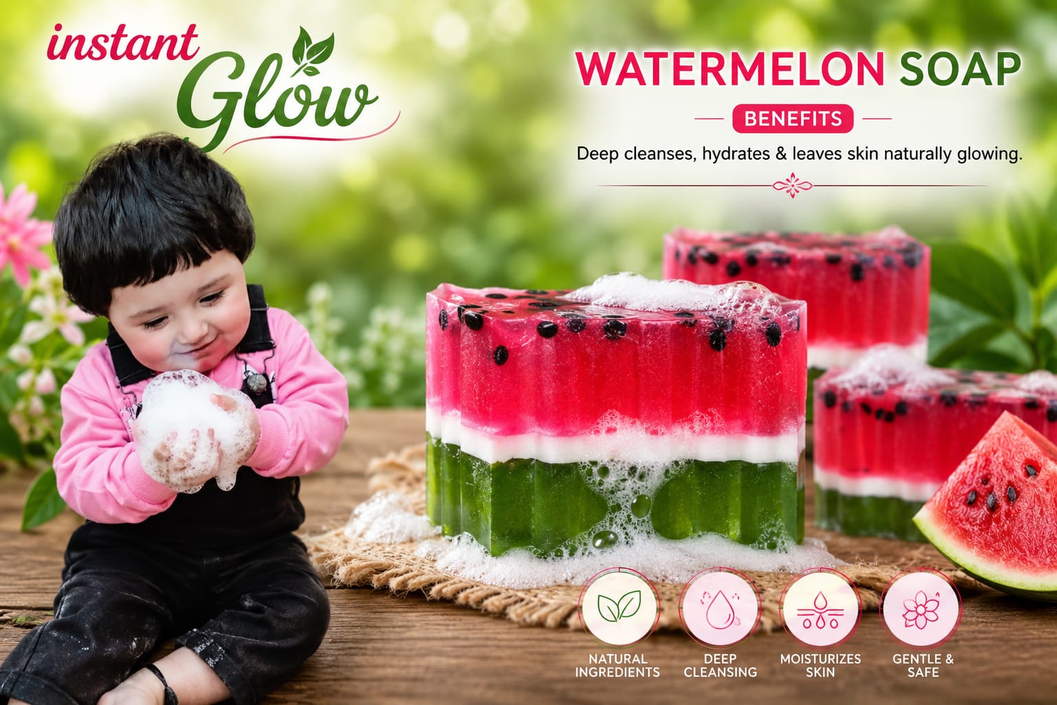 Instant Glow Watermelon Soap – Real Watermelon Soap Bars on Wood