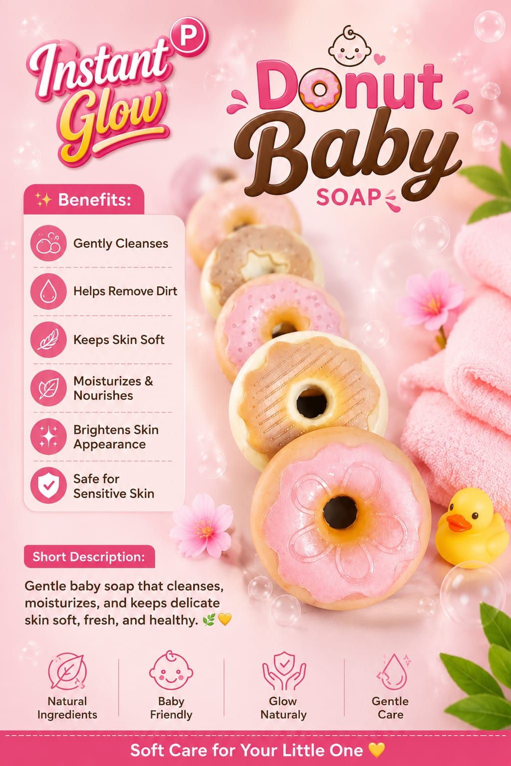 Instant Glow Donut Baby Soap – Benefits Infographic Pink Background