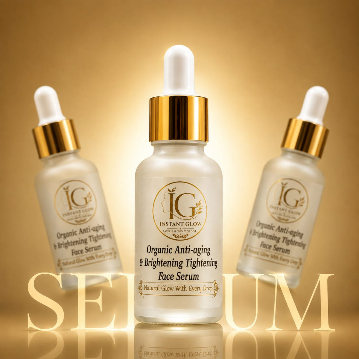 Instant Glow Organic Anti-Aging Brightening Face Serum - Triple bottle display