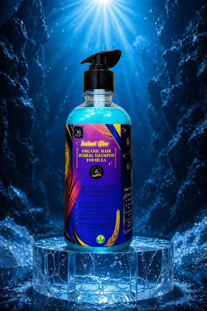 Instant Glow Organic Herbal Shampoo 500ml – Bottle on Ice Crystal Pedestal Blue Light